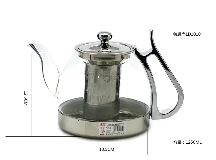 Heat Resistant Borosilicate Glass Teapot with Stainless Steel Infuser for Induction Cooker 1.2L