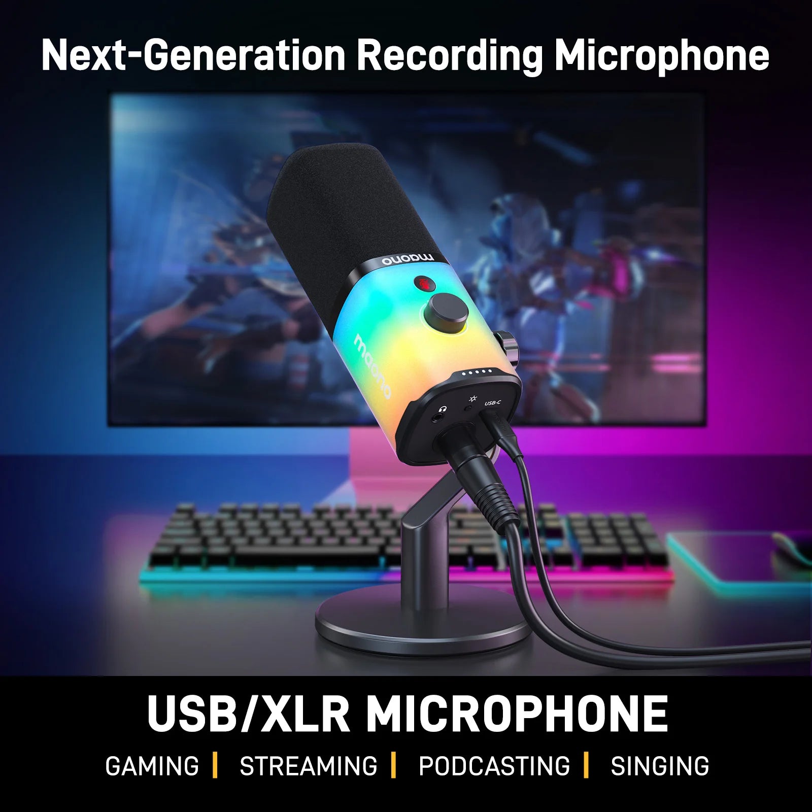 PD100X Gaming MIC,USB/XLR Dynamic Microphone with Noise Reduction, Mute, Headphone Jack, RGB MIC for Gamer Streaming Podcast