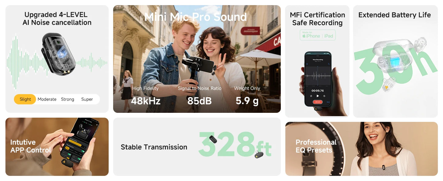 Wireless Lavalier Microphone with AI Noise Cancellation Auto Clipping and App Control