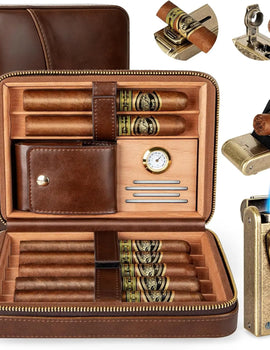 Leather Cigar Humidor with Cigar Lighter,Built-in Straight Cigar Cutter and Cigar Punch,Humidifier and Cedar Tray
