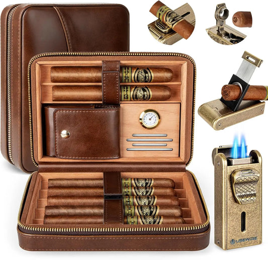 Leather Cigar Humidor with Cigar Lighter,Built-in Straight Cigar Cutter and Cigar Punch,Humidifier and Cedar Tray