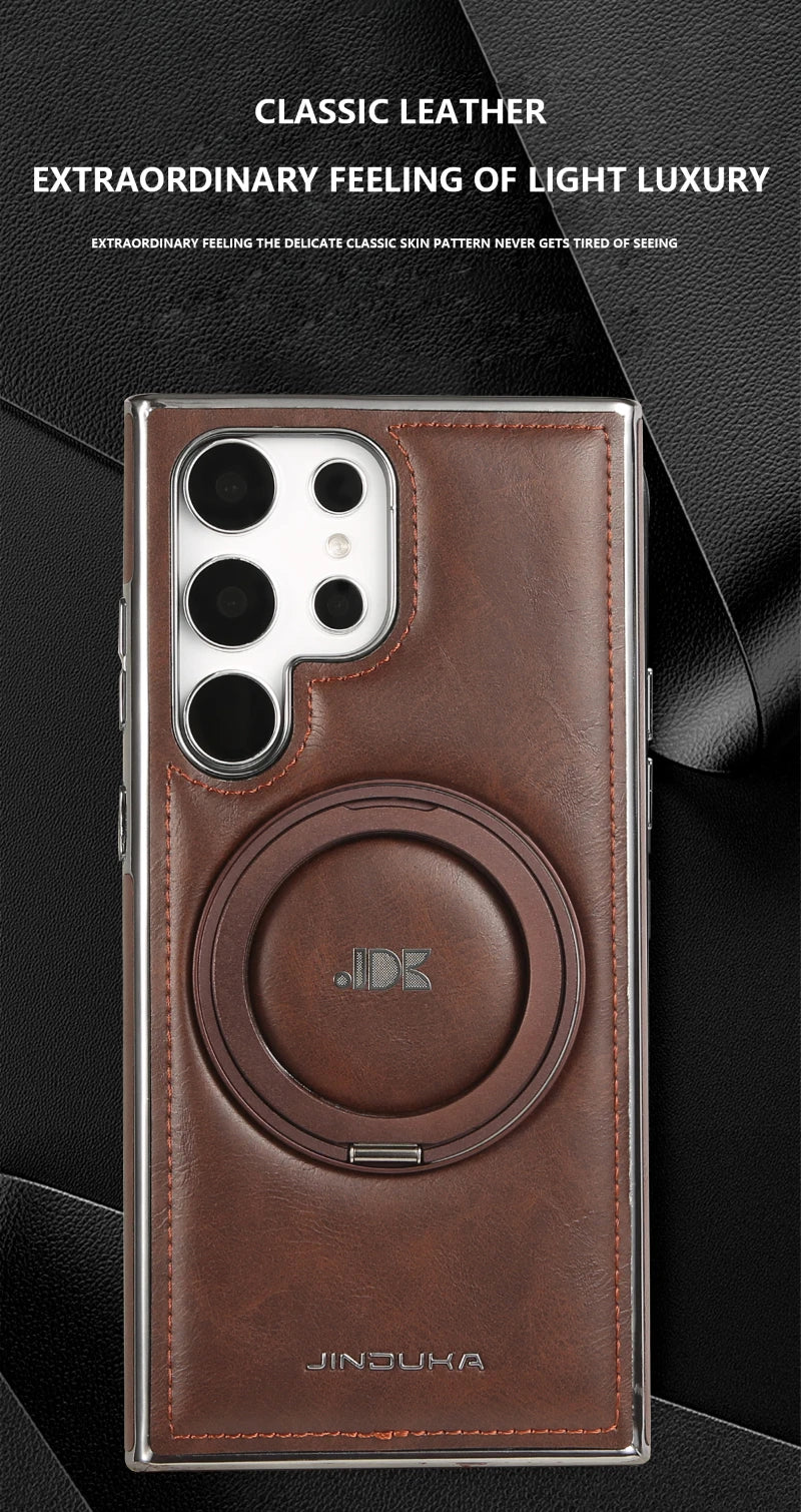 For Magsafe  360°Rotating Metal Car Bracket Ring Solid Color Leather Phone Case For Samsung S24 Ultra S22 S23 Ultra Plus