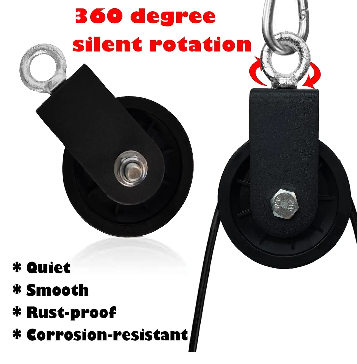 360 Degree Rotation Silent Nylon Gym Cable Pulley with Hanging Straps and Carabiner LAT Pulley System DIY Attachment Accessories