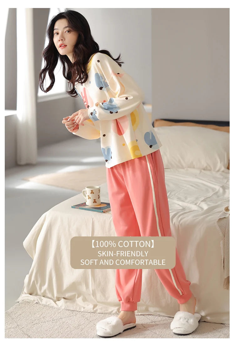 Women’s Cute Lazy Style Cotton Pajama Set – Soft, Loose Long Sleeves & Pants