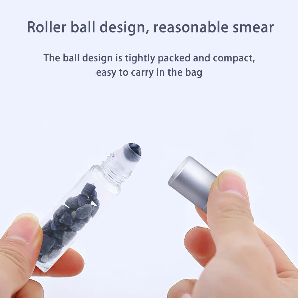 10pcs Glass Essential Oil Roller Bottles with Natural Gemstone Chips Refillable Roll-On Healing Crystal Bottles for Aromatherapy