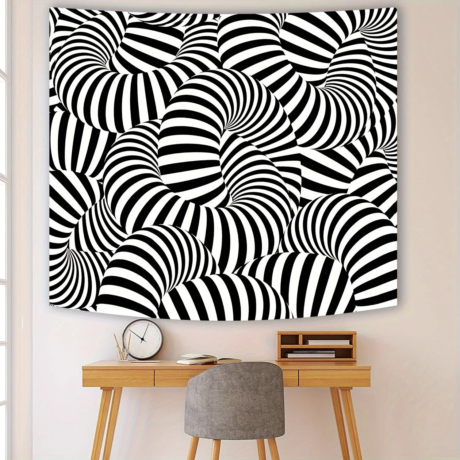 Optical Illusion Tapestry Distorted Cylinder Stripes Black and White Visual Modern Minimalist Style Living Room Decor