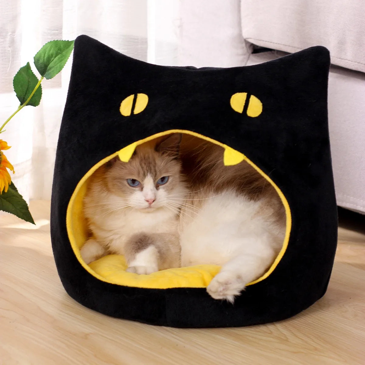 Warm Corduroy Pet House Bed Black for Cats and Small Dogs