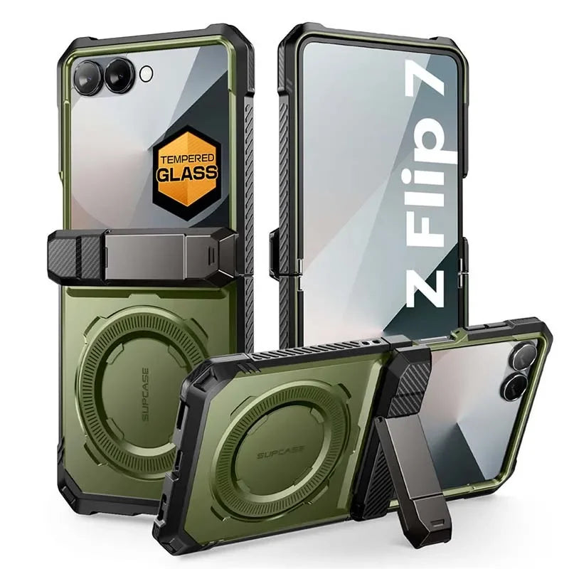 For Samsung Galaxy Z Flip 7 Case UB Grip Military-Grade Rugged Back Phone Case with Stand & Front Screen Protector