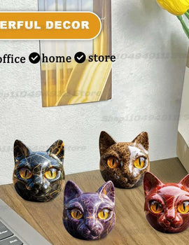Cat Stone Sculpture Cat Head Figurine with Amber Eyes Smooth Finish Marble Texture Resin Cats Stone for Bedroom Office