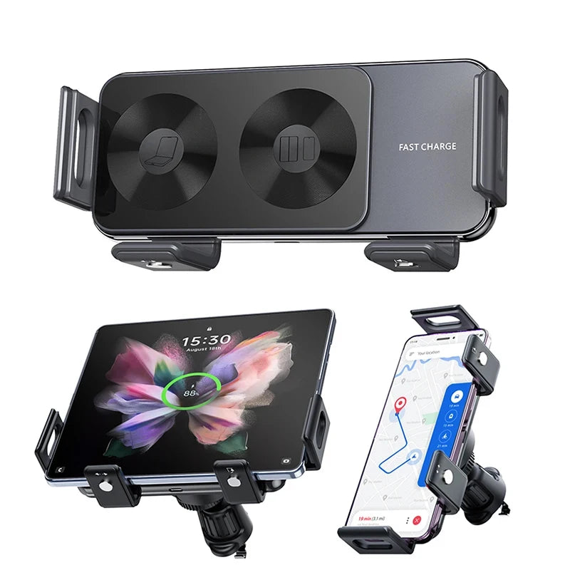 Dual Coil Fold Screen Car Wireless Charger For Samsung Galaxy Z 4 3 Fold Flip iPhone 15 14 Fast Phone Charging Vent Mount Holder