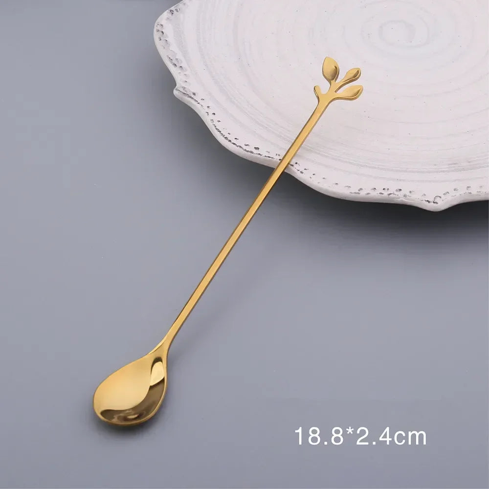 Gold Leaf Spoon for Stirring Tea Coffee Mixing Spoons Stainless Steel Tableware for Dessert Fruit Christmas Gift Home Decoratons