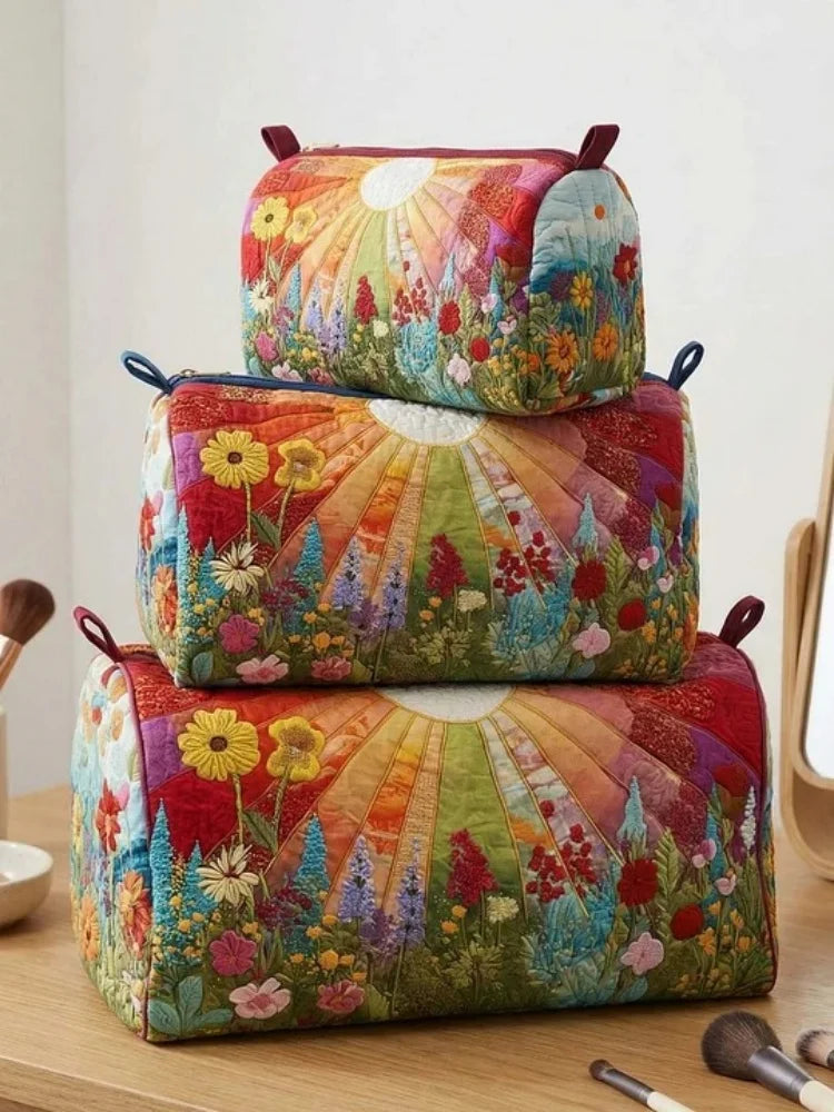 3-Size Quilted Cosmetic Bag 3D Printed Cute Animal Floral Printed Patchwork Makeup Toiletry Pouch Travel Organizer Storage Box