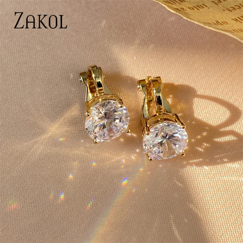 7mm Cubic Zirconia Round Piercing Clip Earrings for Women Fashion CZ Crystal Ear Cuffs