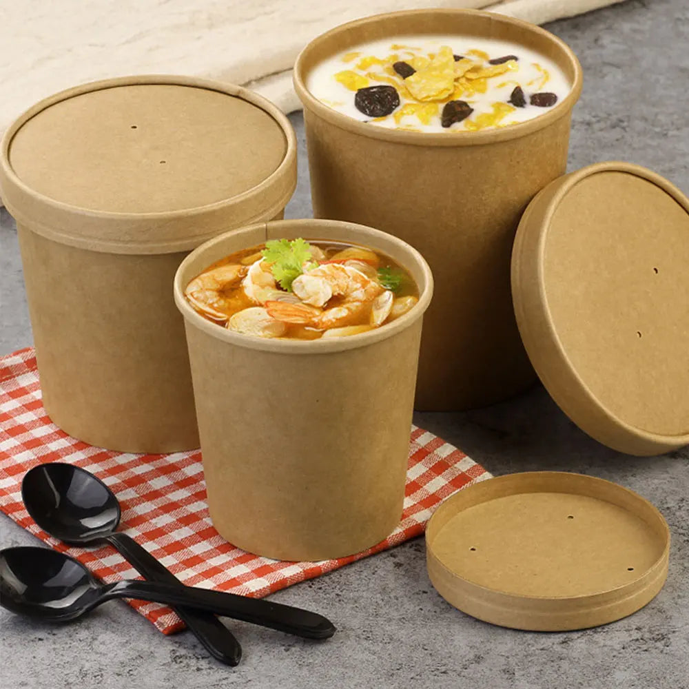 Cheapest Disposable Kraft Paper Bowl 500ml Round Salad Dessert Food Snack Ice Cream Takeaway Packaging Cup with Lids 10pcs