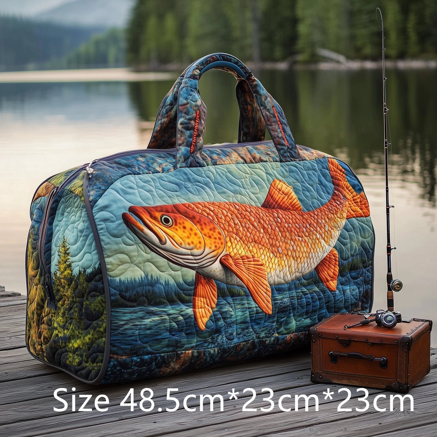 Trendy Handmade Quilted Fishing Gear Bag Bass Fish 3D Printed Duffle Bag Weekender Bag for Men Fisherman Gift Outdoor Adventures