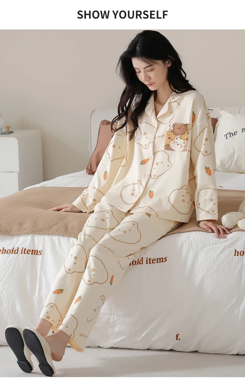 Women’s Winter 100% Cotton Pajama Set – Loose Fit, Turn-Down Collar, Long Sleeves, Cute Pink