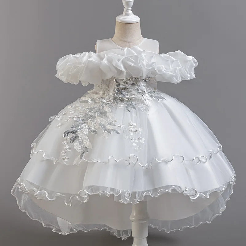 Luxury Off-Shoulder Gown with Train for Girls  Tulle Dress for Fashion Walk Show & Pageants
