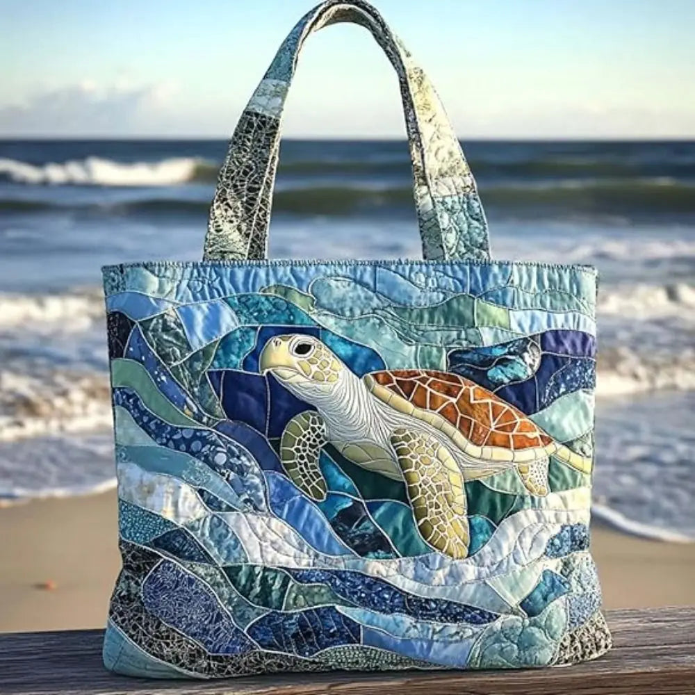 Turtle Print Quilted Canvas Tote Bag Large Capacity Shoulder Handbag