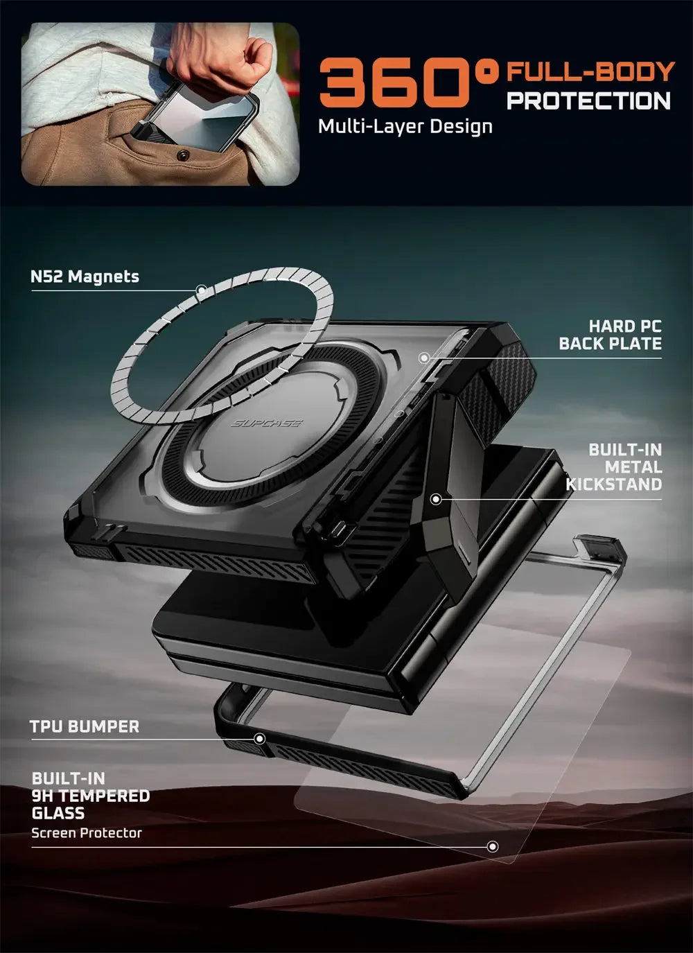 For Samsung Galaxy Z Flip 7 Case UB Grip Military-Grade Rugged Back Phone Case with Stand & Front Screen Protector