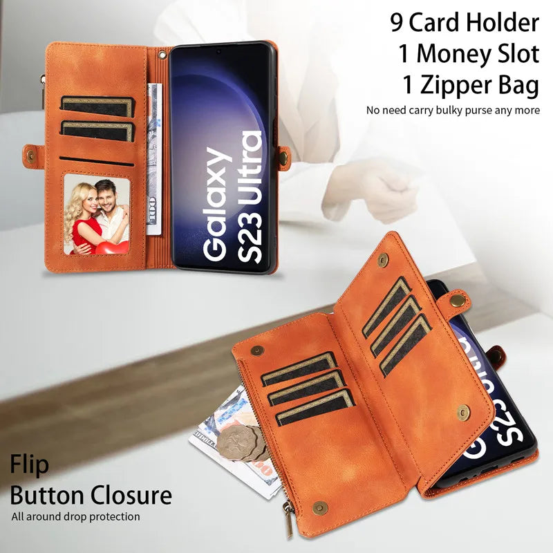 Luxury Leather Flip Wallet Case with Lanyard for Samsung Galaxy S26 / S25 / S24 / S23 Ultra & Plus – Magnetic Full Coverage Phone Bag Cover