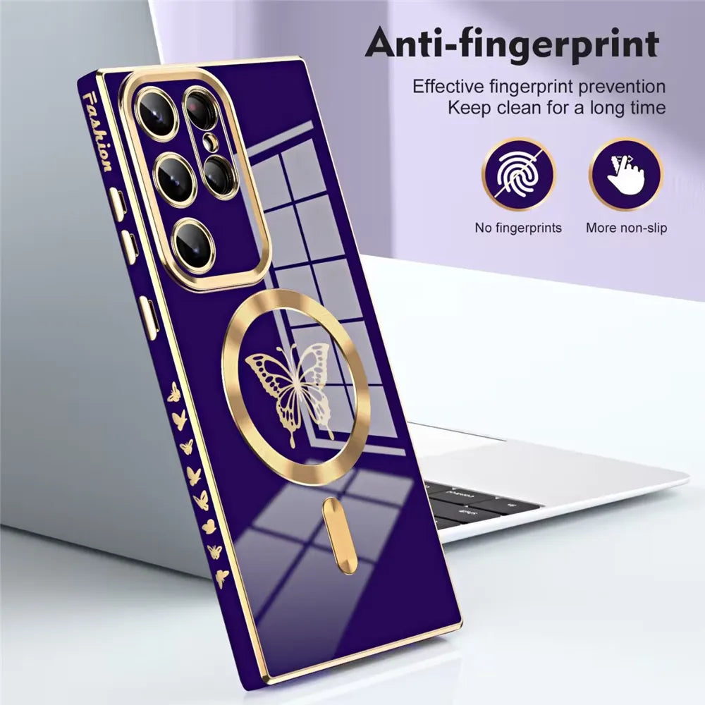 Luxury Electroplate  Butterfly Case For Samsung S23 Ultra S22 S21 Plus For Magsafe Wireless Charging Soft Silicone Cover