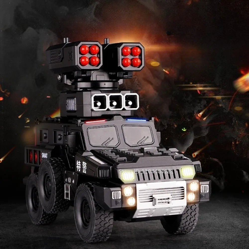 1:50 Alloy Armored Car Diecast Model Toy Sound Light Pull Back Doors Opened Miniature Missile Vehicle for  Boy Collection Fun