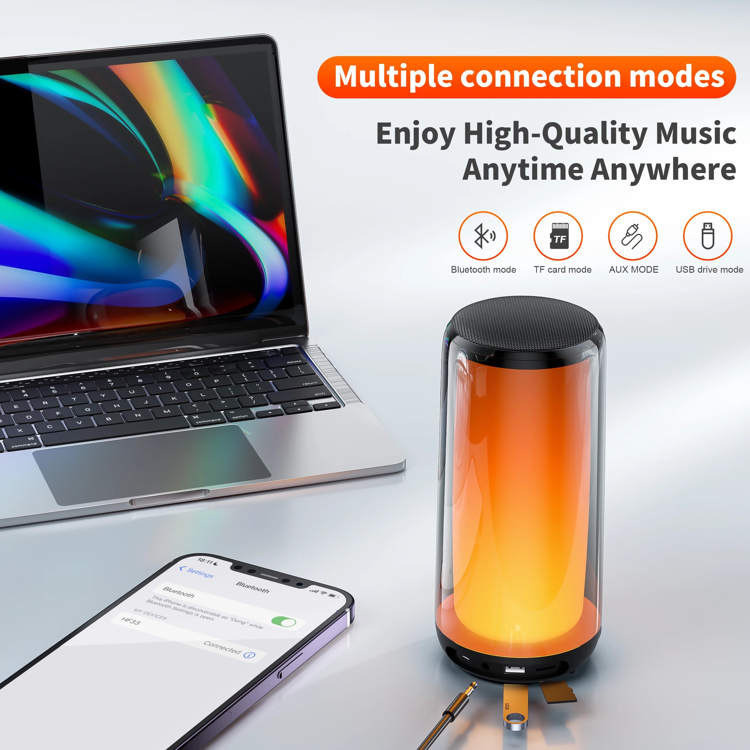 HF33 Mini Portable Wireless Speaker Outdoor Subwoofer with 360 Led HiFi Sound Quality Camping Bass Speaker Supports TWS/TF/AUX