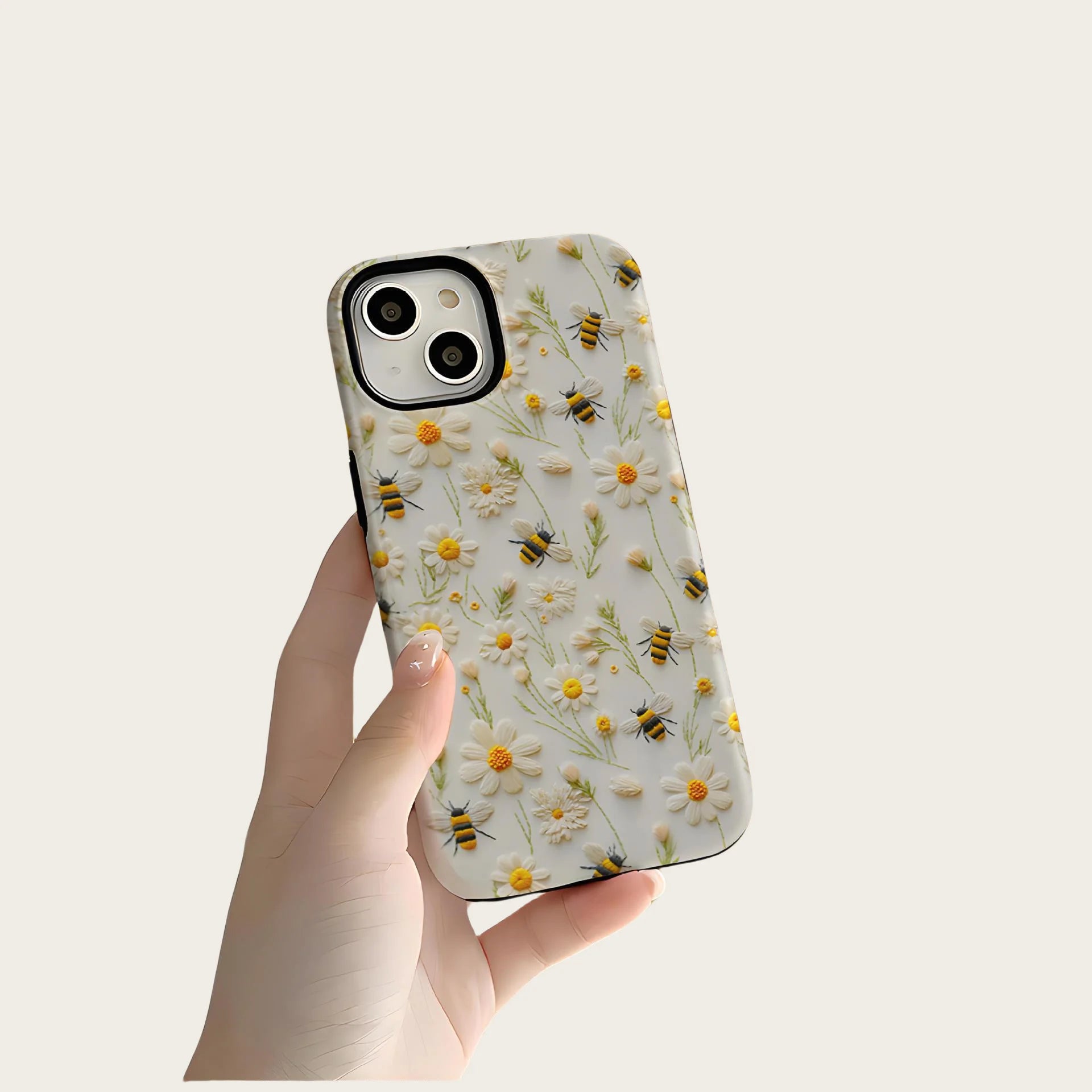 Luxury Embroidery Effect Bee Daisy Flower Phone Case for iPhone 16 15 Pro Max Plus 2 in 1 Hard Protective Cover