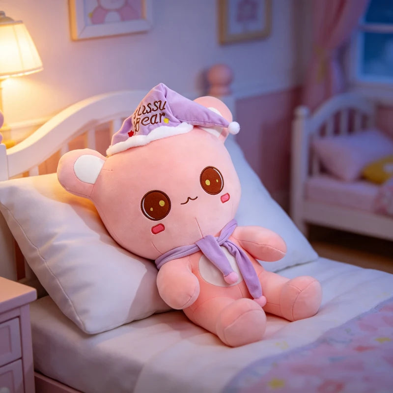 Cute Bear Plush Toy With Sleep Hat And Scarf Soft Pillow
