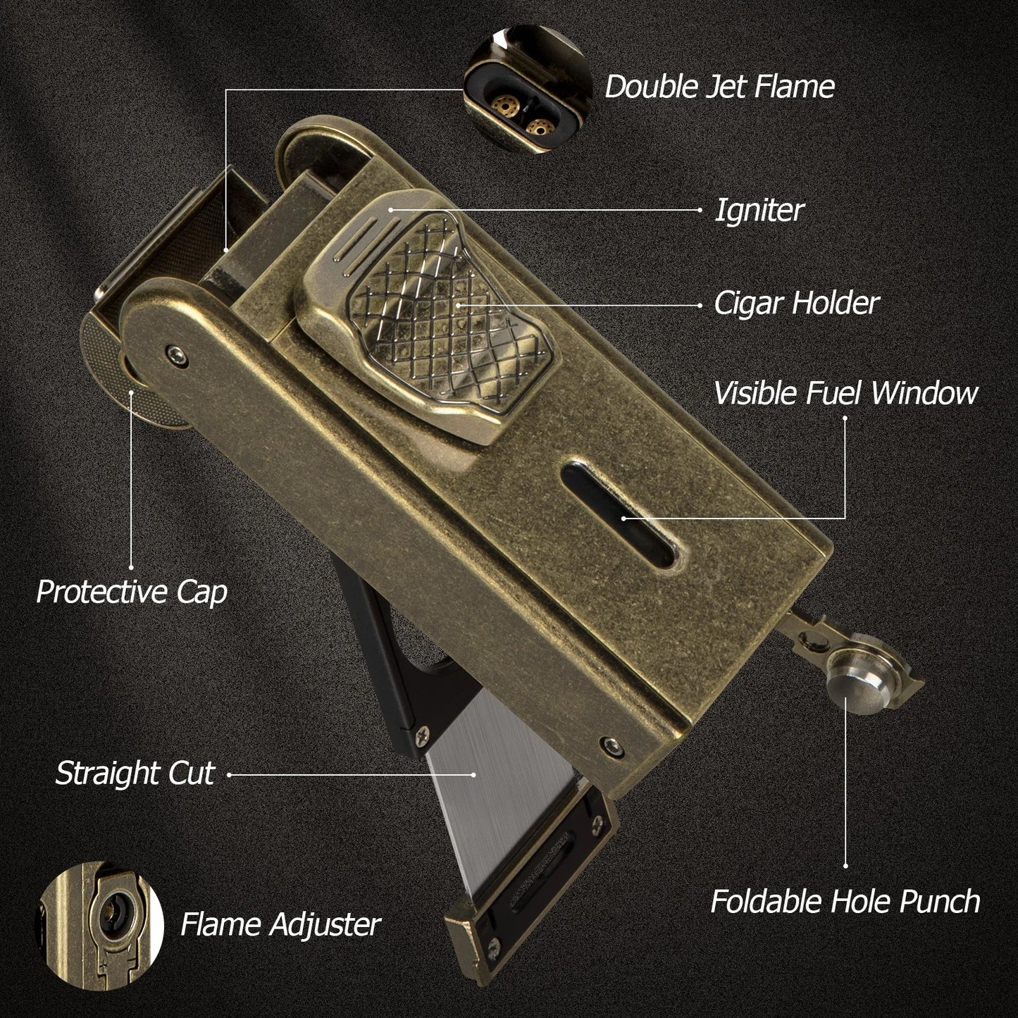 Cigar Lighter Windproof Refillable, Built-in Cigar Punch, Holder, Cutter, Cigar