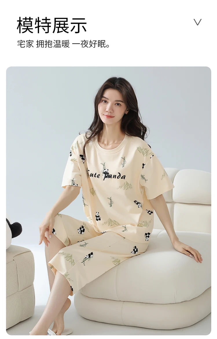 2-Pcs Women’s Cotton Pajama Set – Breathable Short Sleeve Summer Sleepwear with Cute Prints
