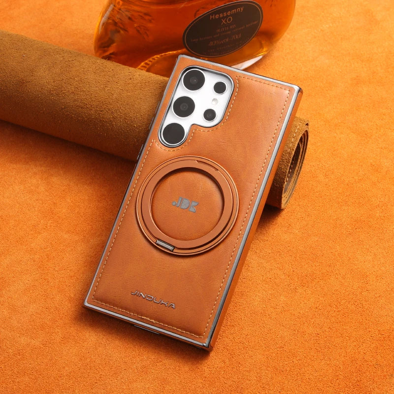 For Magsafe  360°Rotating Metal Car Bracket Ring Solid Color Leather Phone Case For Samsung S24 Ultra S22 S23 Ultra Plus