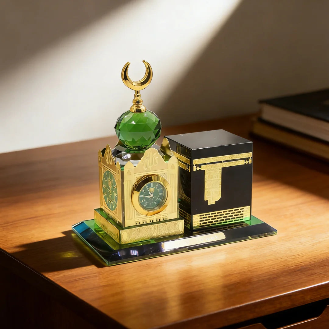 Islamic Crystal Kaaba Clock Tower Model Gilded Miniature Showpiece Religious Architecture Muslim Home Decor