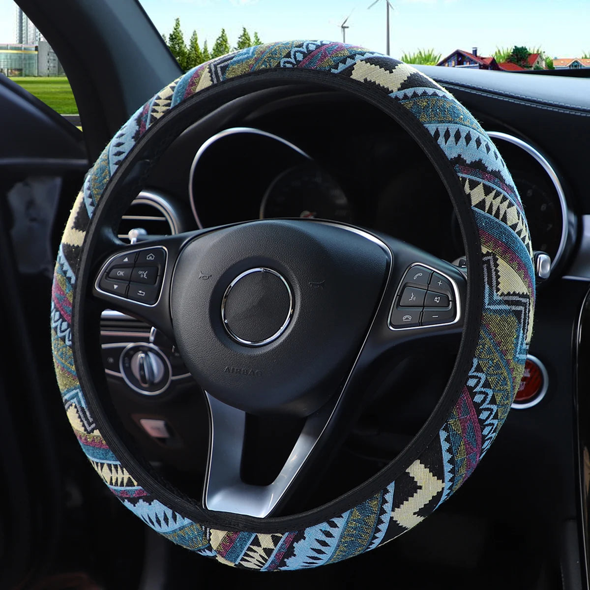 Bohemian Linen Fabric Car Steering Wheel Cover 37CM 38CM