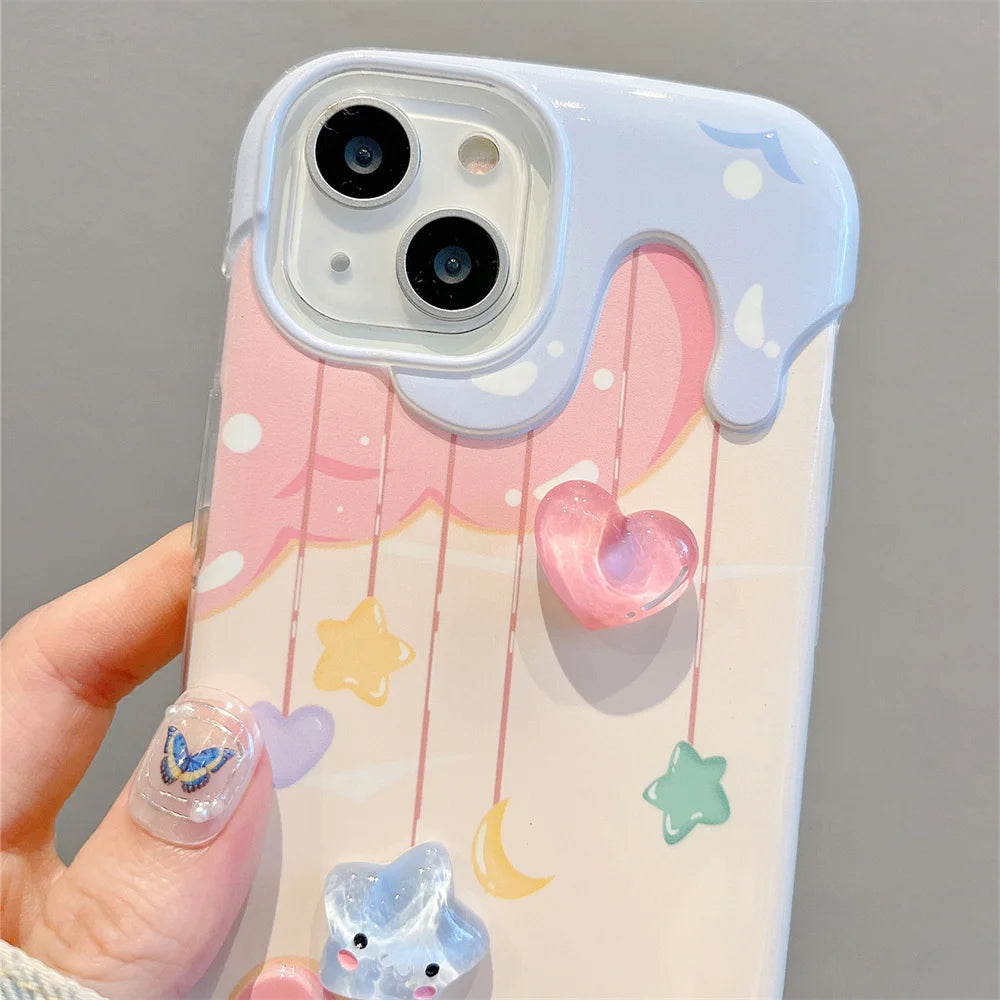 Cartoon 3D Heart Star Ice Cream Bead Strap Phone Case For iPhone 15 13 14 Pro Max Plus INS Lovely Soft Silicone Back Cover