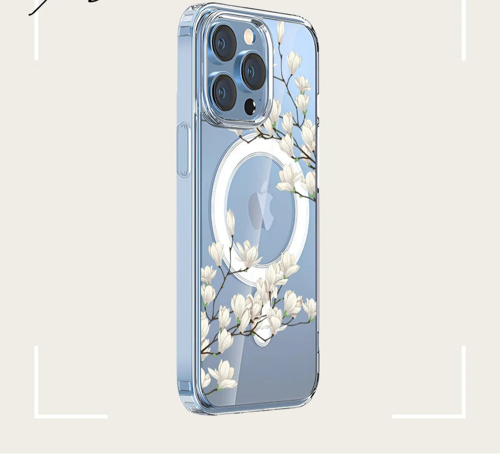 Magsafe Tulip Flower Magnetic Transparent Phone Case for iPhone 16 15 Pro Max 14 Plus Wireless Charging Shockproof Cover