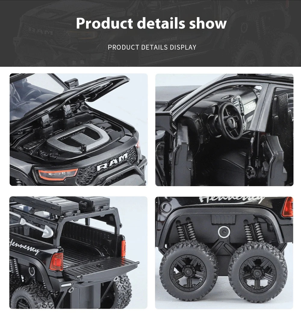 ﻿1:32 Dodge Tyrannosaurus Rex RAM 1500 TRX 6*6 Warlord Alloy Miniature Car Diecast Metal Scale Model Sound ＆ Light Toy Car