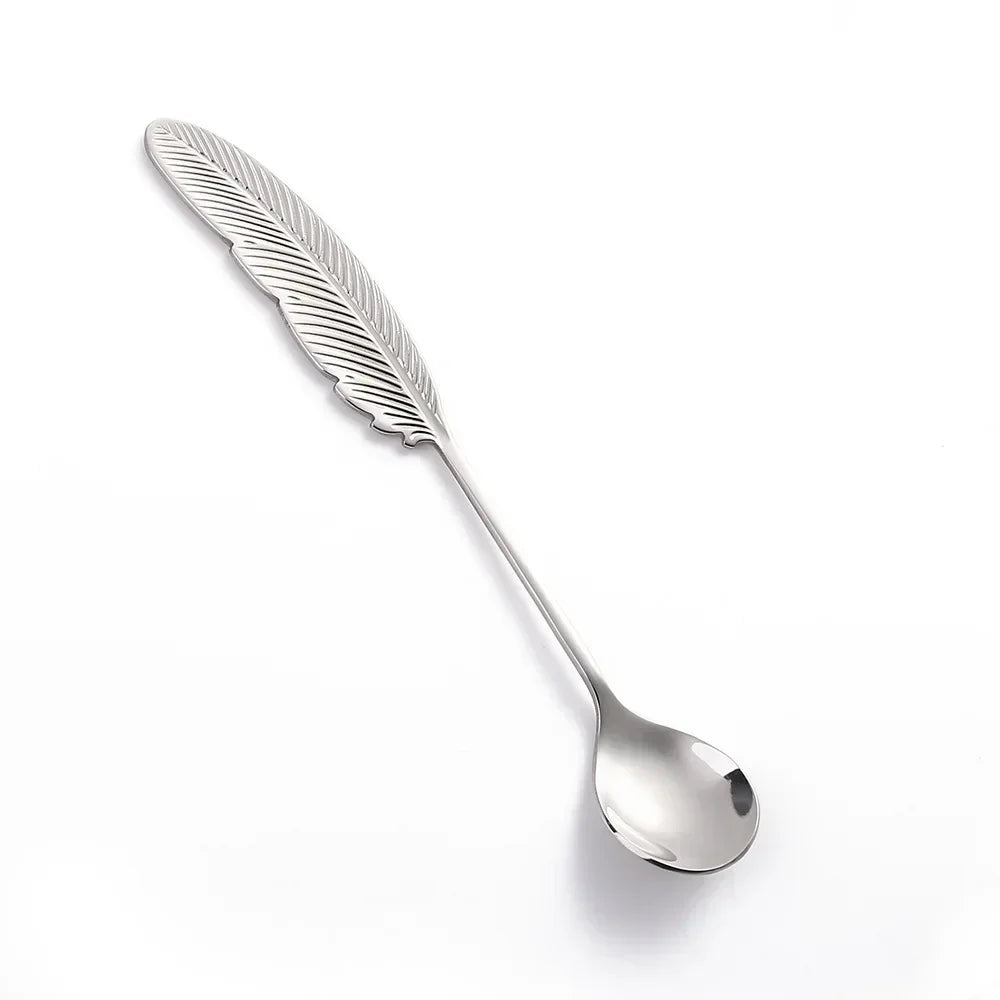 Stainless Steel Feather Spoon, Creative Coffee and Dessert Spoon, Elegant Design for Tea, Ice Cream, Decorative Kitchen Utensils