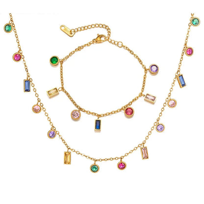 Colored Zircon Square Crystal Tassel Necklace Gold Plated Choker Titanium Steel Bracelet 45 CM