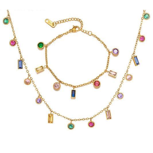 Colored Zircon Square Crystal Tassel Necklace Gold Plated Choker Titanium Steel Bracelet 45 CM