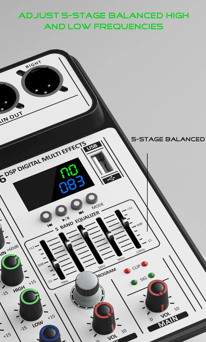 Professional 4-Channel 256DSP Audio Mixer 48V Phantom Power USB Studio Karaoke Bluetooth DJ Console Mixer