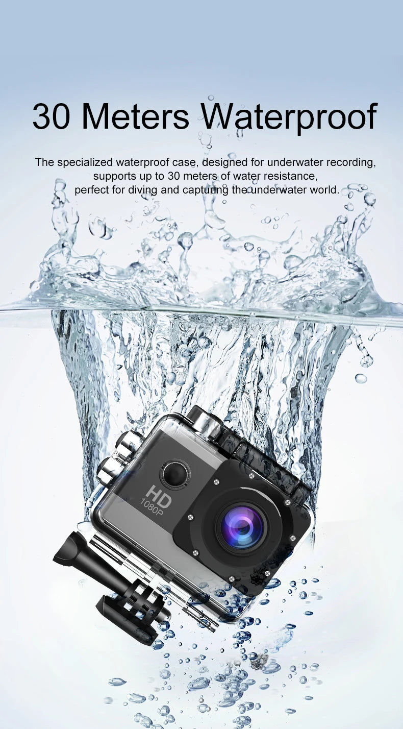 1080P Waterproof Action Camera with 2 Inch IPS Screen 170 Degree Wide Angle Helmet Sports Camera