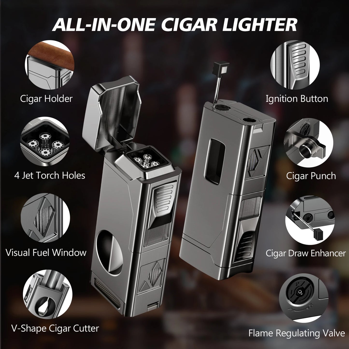 Cigar Lighter 4 Jet Flame Cigar Lighters with Cigar Cutter Cigar Accessories Cigar Draw Enhancer Windproof Refillable Butane