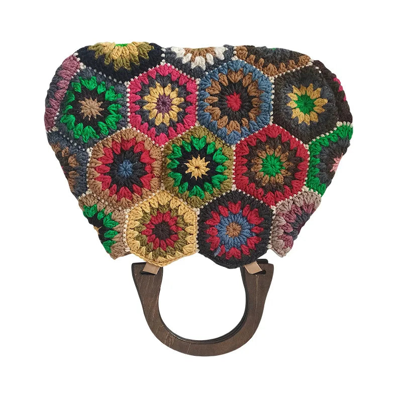 Bohemian Granny Square Crochet Tote Bag Handmade Knitted Shopper Handbag