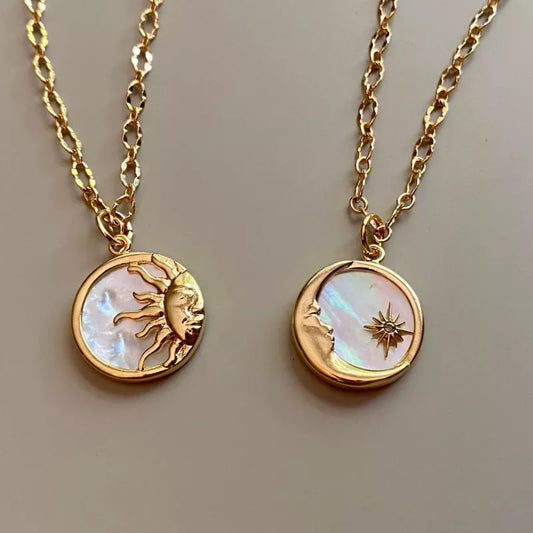 Vintage Sun and Moon Pendants Necklace White Shell Round Coin Stainless Steel Chain Necklaces