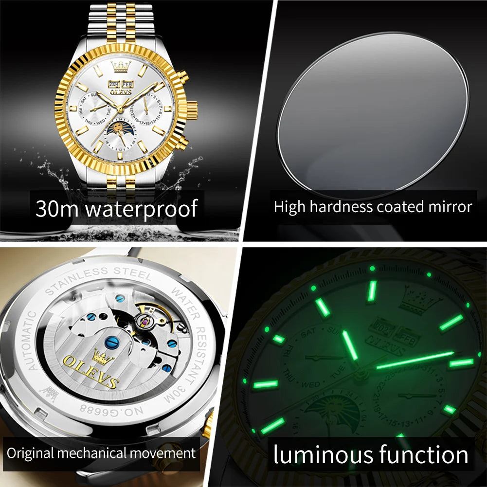 Automatic Mechanical Watch Week Calendar Multifunctional Moon Phase Waterproof Stainless steel Wristwatch Man