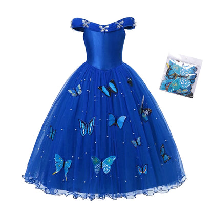 Princess Dress Cinderella Halloween Vestidos Party Cosplay Girls Pearl Butterfly Costume Kids Ball Gown