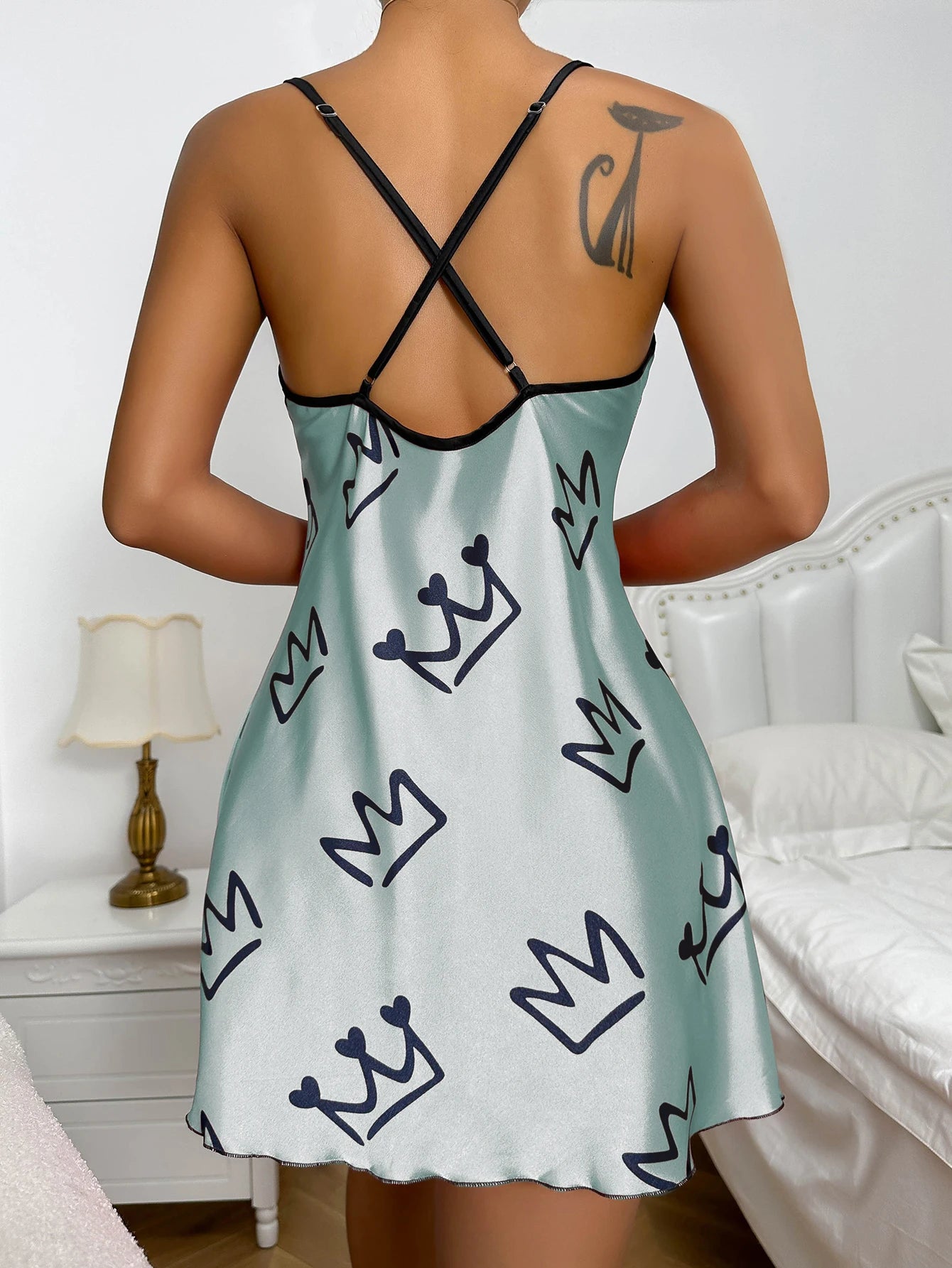 Heart Print Nightdress Elegant Scoop Neck Criss Cross Back Sleep Dress  Women's Sleepwear