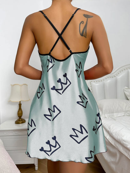 Heart Print Nightdress Elegant Scoop Neck Criss Cross Back Sleep Dress  Women's Sleepwear