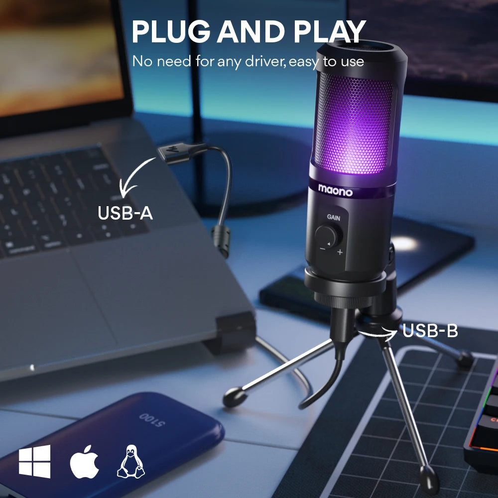 Gaming USB Microphone Desktop Condenser Podcast Microphone Recording Streaming Microphones With Breathing Light PM461TR RGB
